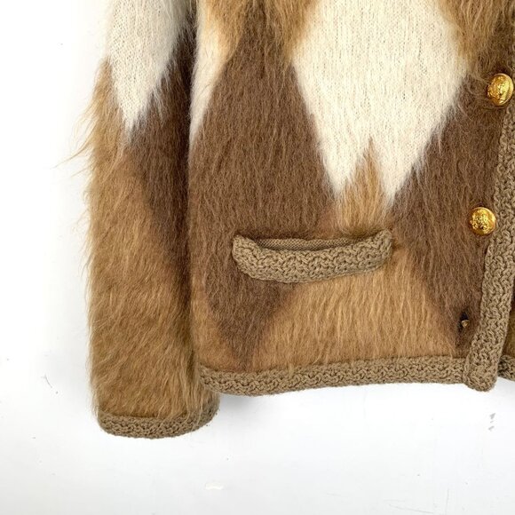 Celine Brown Diamond-Checked Mohair Cardigan Jacket With Gold Buttons XS - Picture 4 of 8